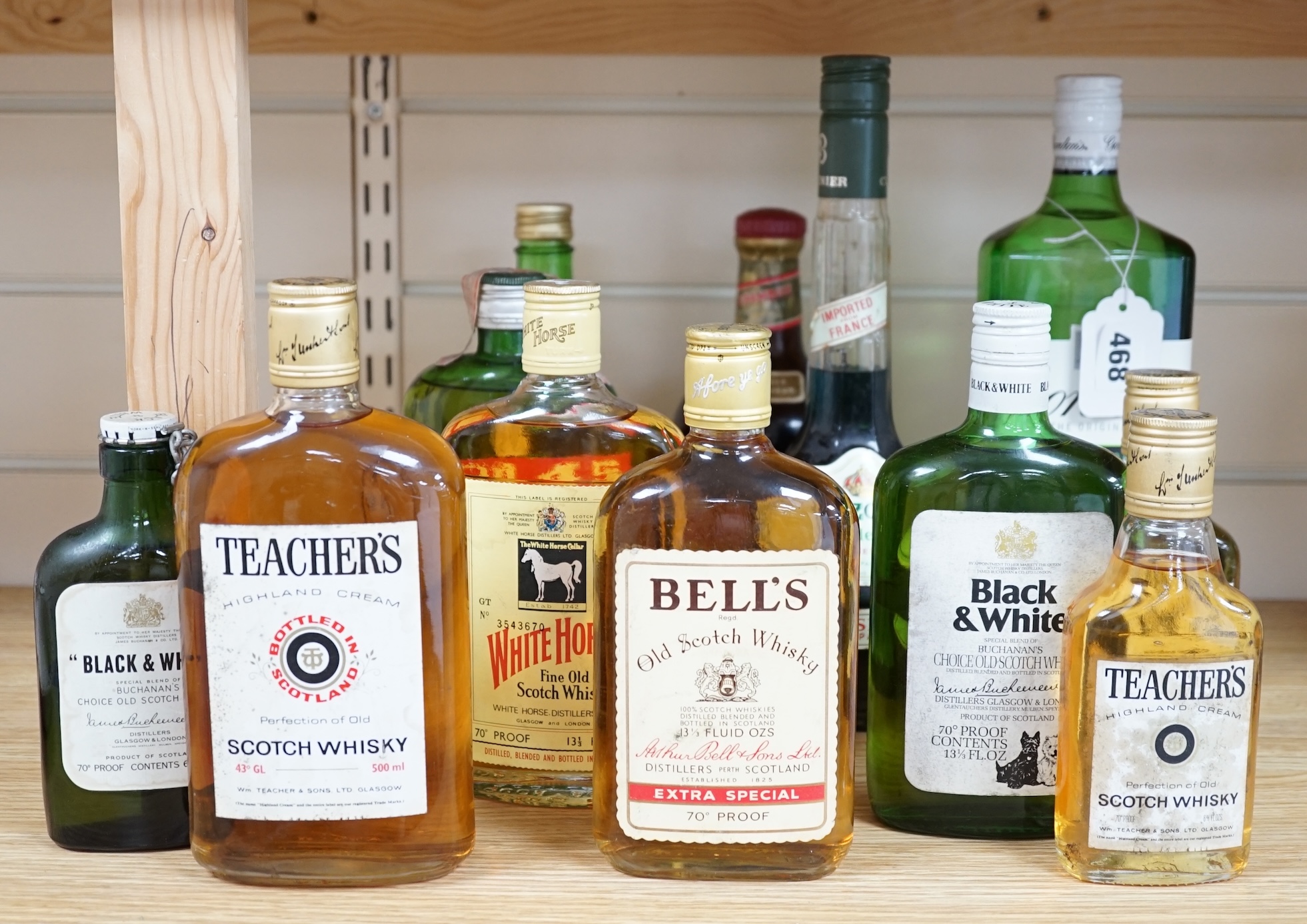 Twelve bottles of spirits to include seven bottles of whisky (Teachers, Bells, White Horse etc.) Condition - fair, storage history unknown